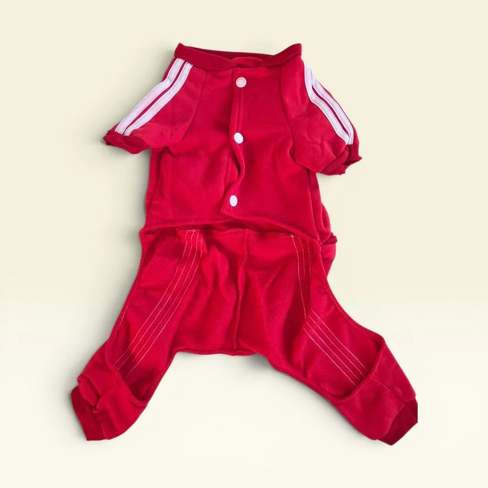 Red Superstar Pet Tracksuit Jumpsuit Dog Cat Athletic Outfit‎ Red White Stripe